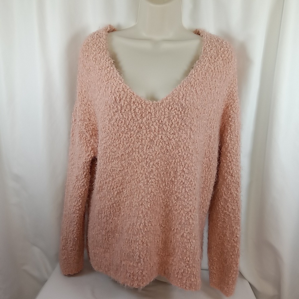 Falls Creek Womens Pink Popcorn Knit Fuzzy Eyelash V-Neck Sweater Small RN 48711